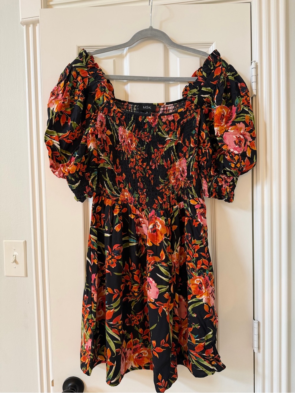 MSK Black Floral Puff-Sleeve Smocked Mini Dress
